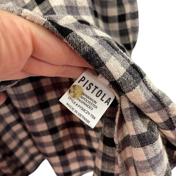 Pistola Flannel Shirt XL Plaid Check Black Ivory Tab Sleeve Button Back Pullover - Picture 7 of 11